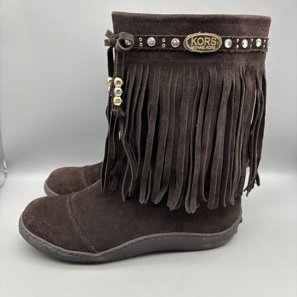 Michael Kors Fringed Booties Women’s‎ Size 5 M Brown Suede Rhinestone Gillian - Picture 1 of 14